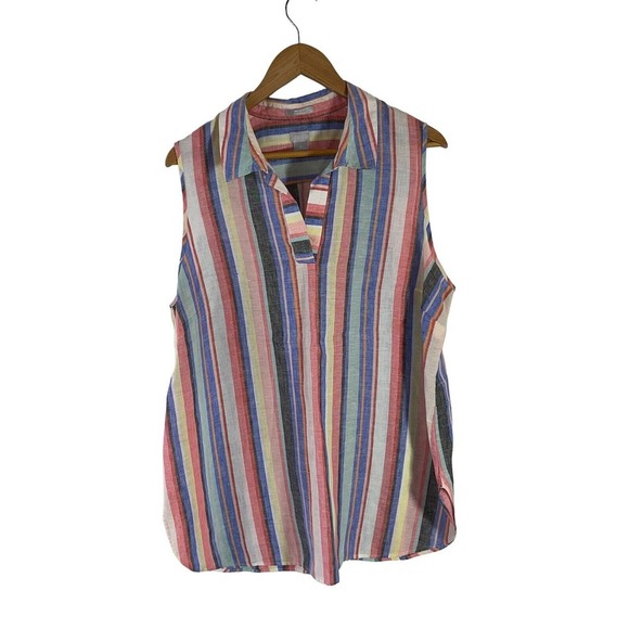 CHICO'S Size 3/XL 100% Linen Striped Colorful Sleeveless V-Neck Top - Picture 1 of 5